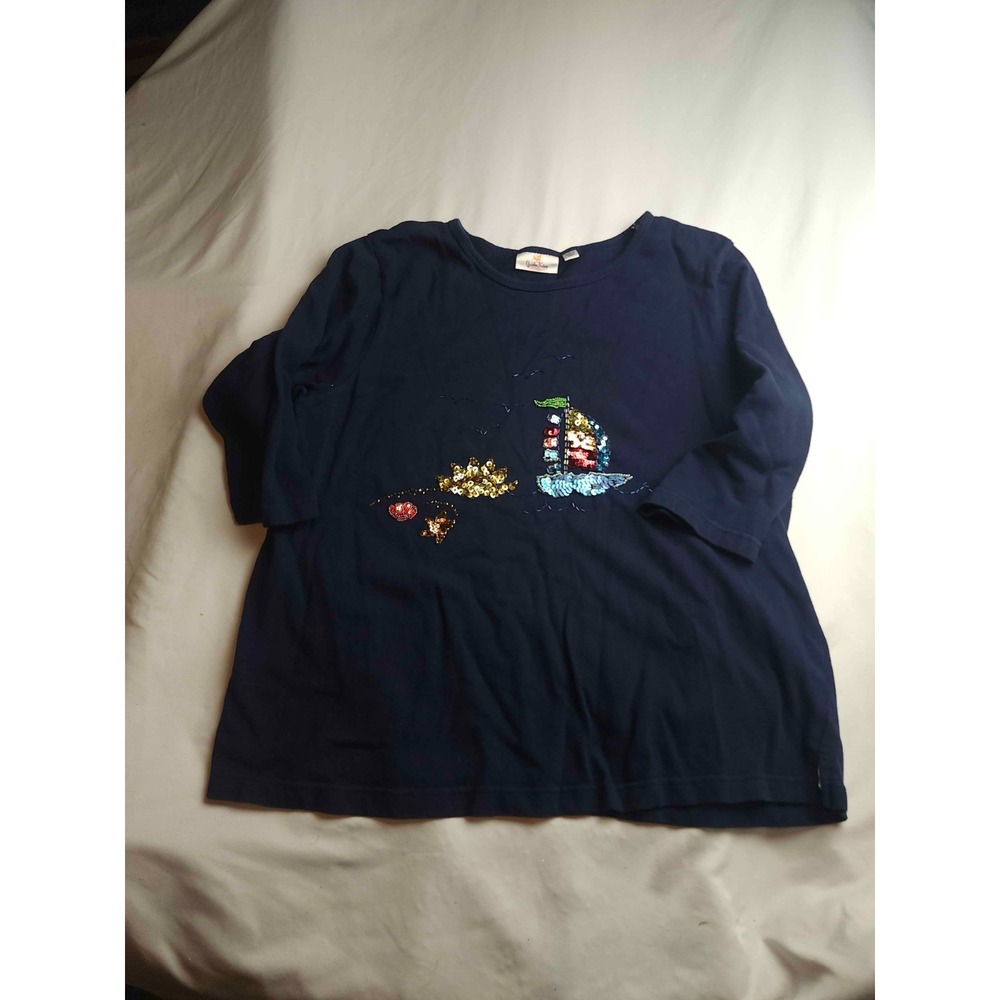 Quacker Factory Sailboat Top Womens 1X Blue Sequin Beads Nautical Grandmacore